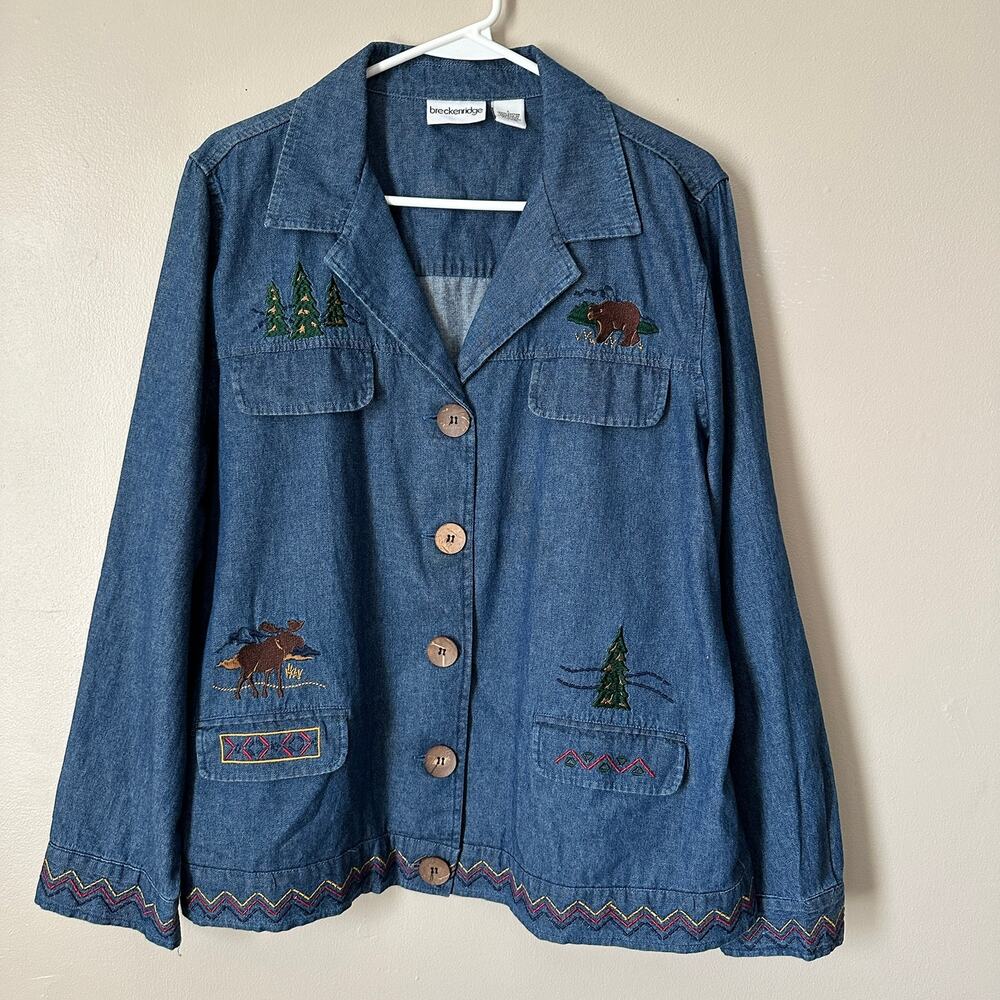 Vintage Breckenridge L Denim Shirt Embroidered Bear Moose Woodland Cottagecore